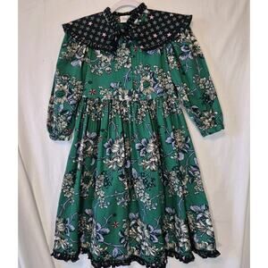 Vintage Girls Mouse Feather Cottage Green Black Floral Dress W/ Hair Tie Size 10